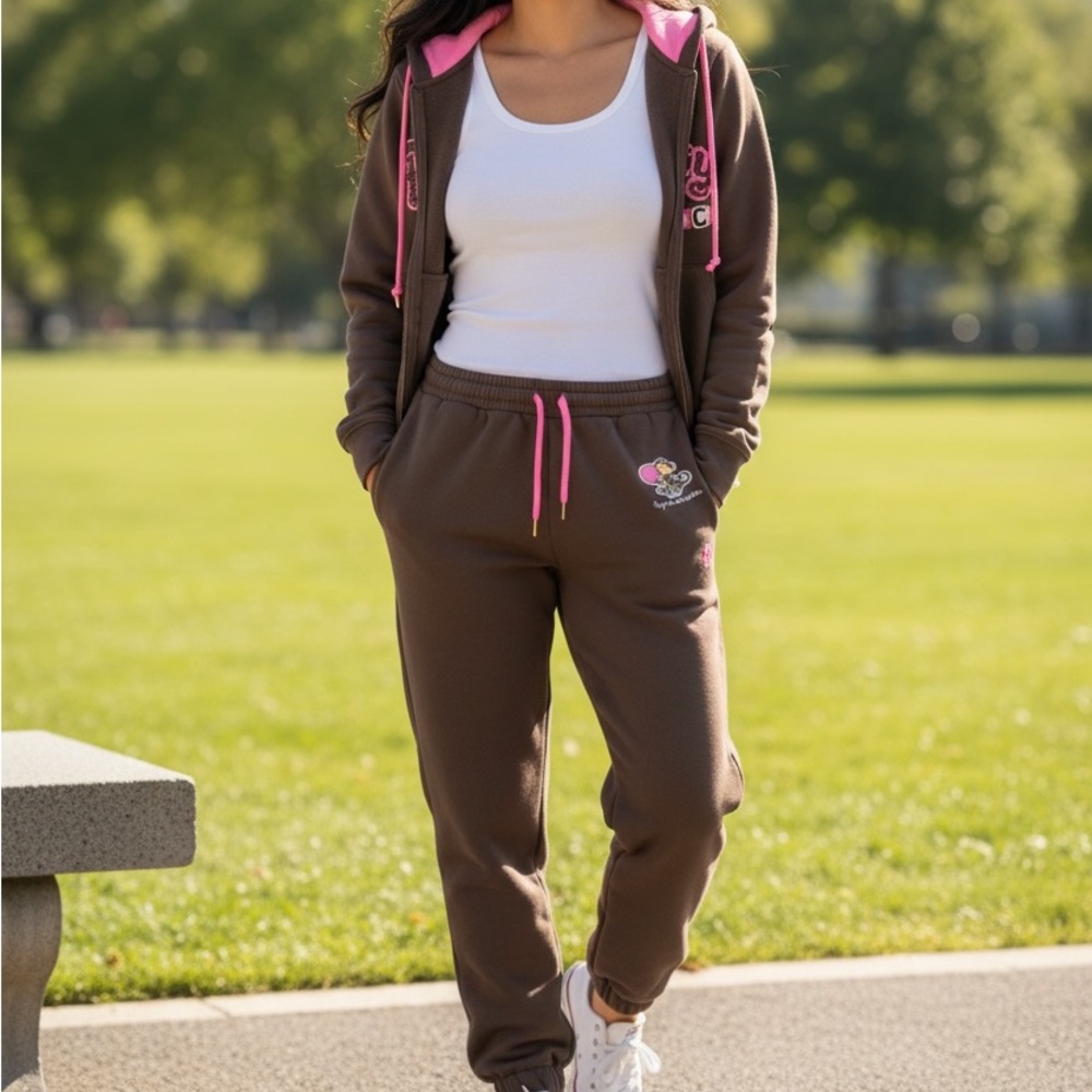 Brown Jogger Sweatpants with Pink Accents